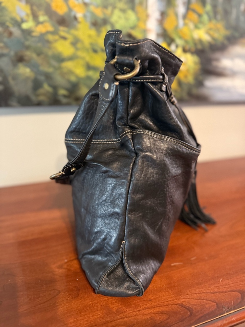 Vintage Liz Claiborne Genuine Leather Bucket Bag • Drawstring Tassel • Slouchy - Picture 3 of 16